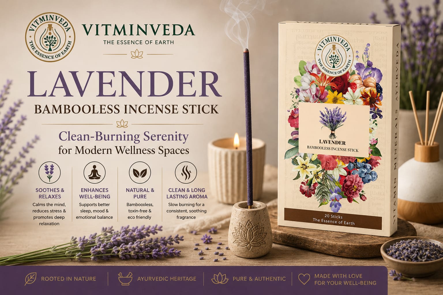 Lavender Bambooless Incense Stick - Natural Ayurvedic Skincare | VITMINVEDA