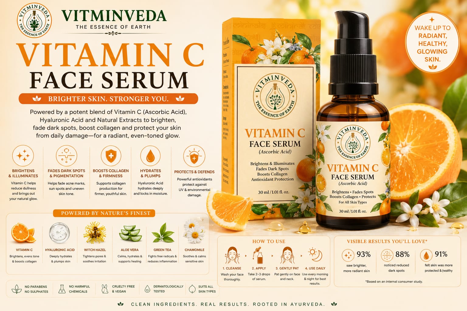 Vitamin C & B3 Face Serum - 30ml - Natural Ayurvedic Skincare | VITMINVEDA