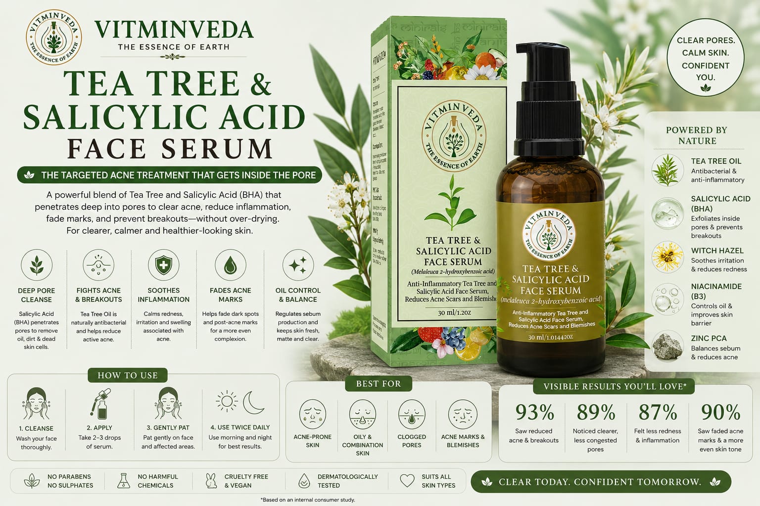 Tea Tree & Salicylic Acid Face Serum - 30ml - Natural Ayurvedic Skincare | VITMINVEDA