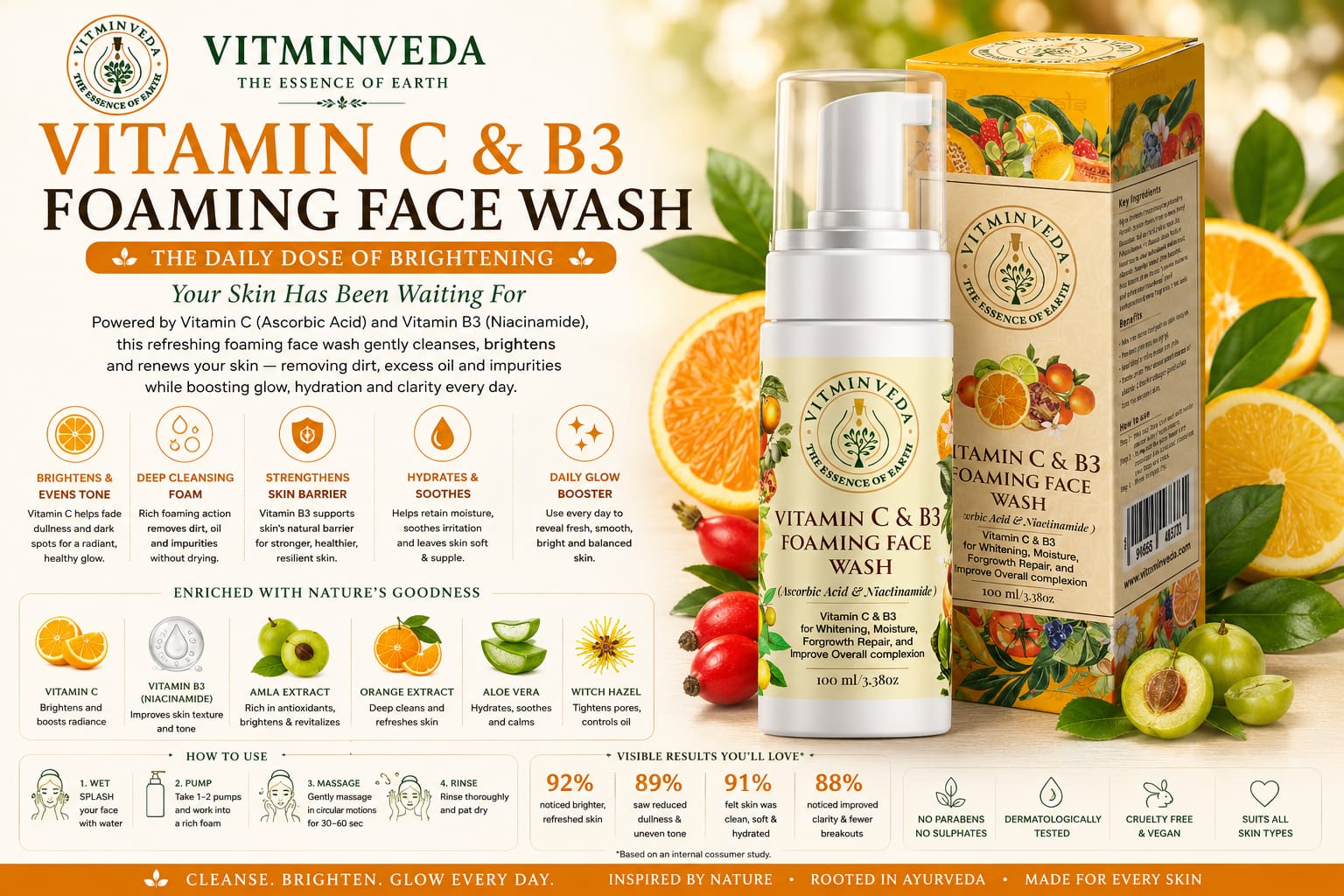 Vitamin C B3 Foaming Face Wash - 100ml - Natural Ayurvedic Skincare | VITMINVEDA