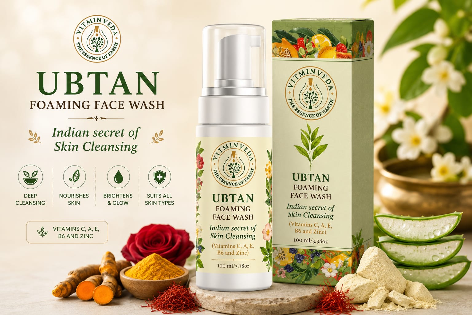 Ubtan Foaming Face Wash - 100ml - Natural Ayurvedic Skincare | VITMINVEDA