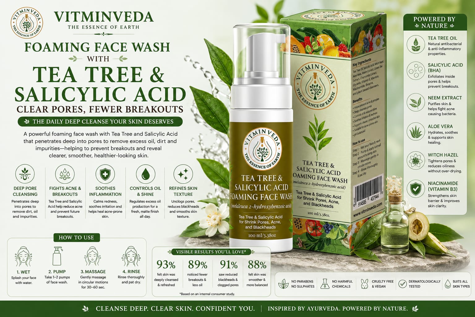 Tea Tree Salicylic Acid Foaming Face Wash - 100ml - Natural Ayurvedic Skincare | VITMINVEDA