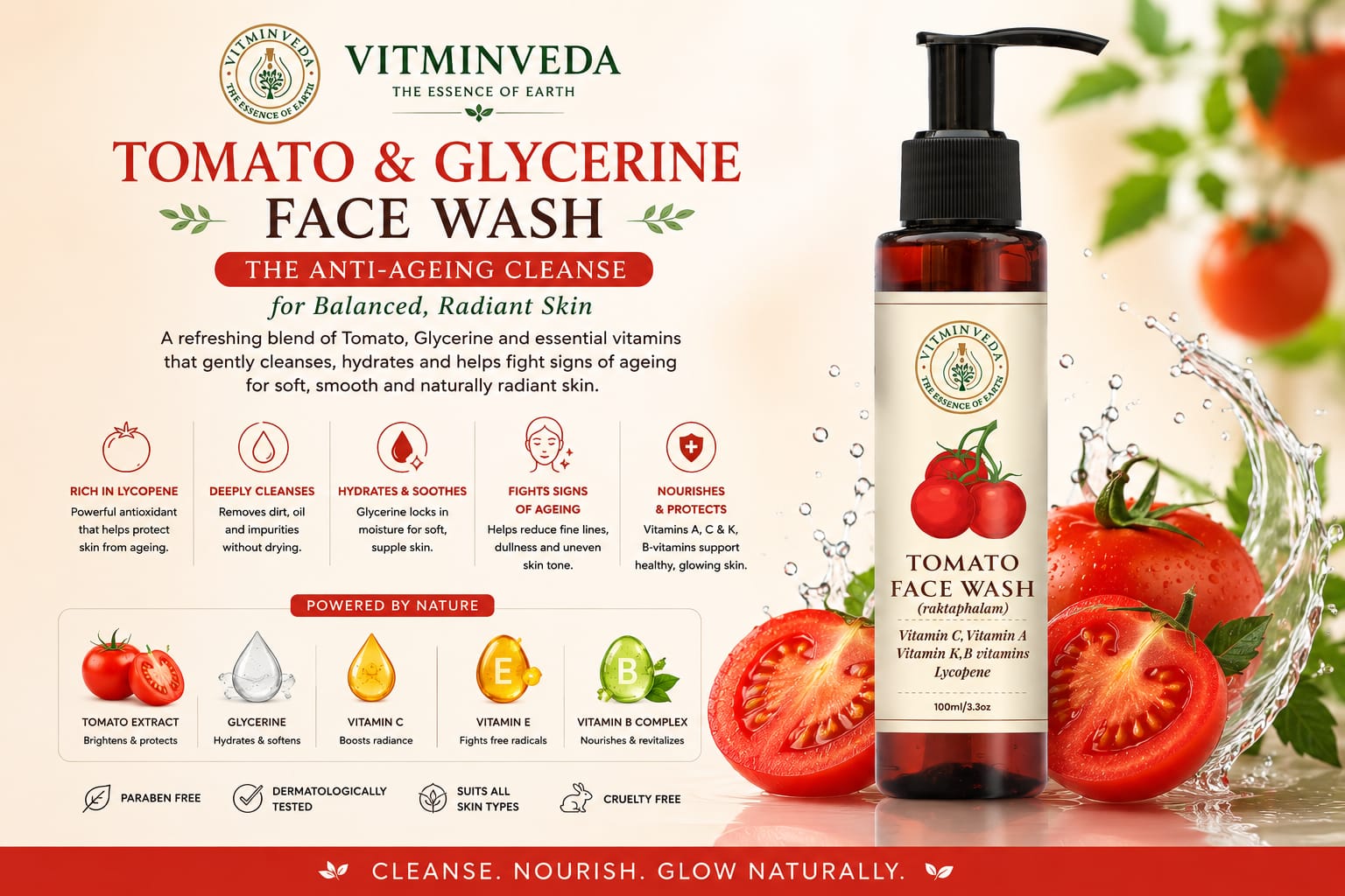 Natural Tomato Glycerine Face Wash 100ml - Natural Ayurvedic Skincare | VITMINVEDA