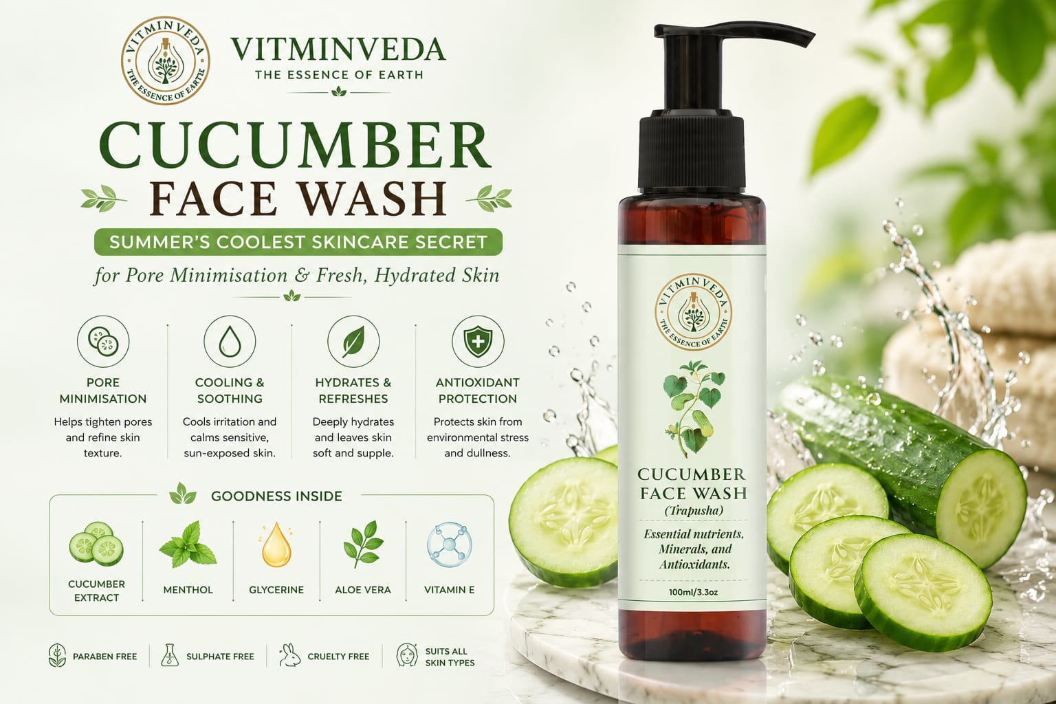 Natural Cucumber Face Wash 100ml - Natural Ayurvedic Skincare | VITMINVEDA