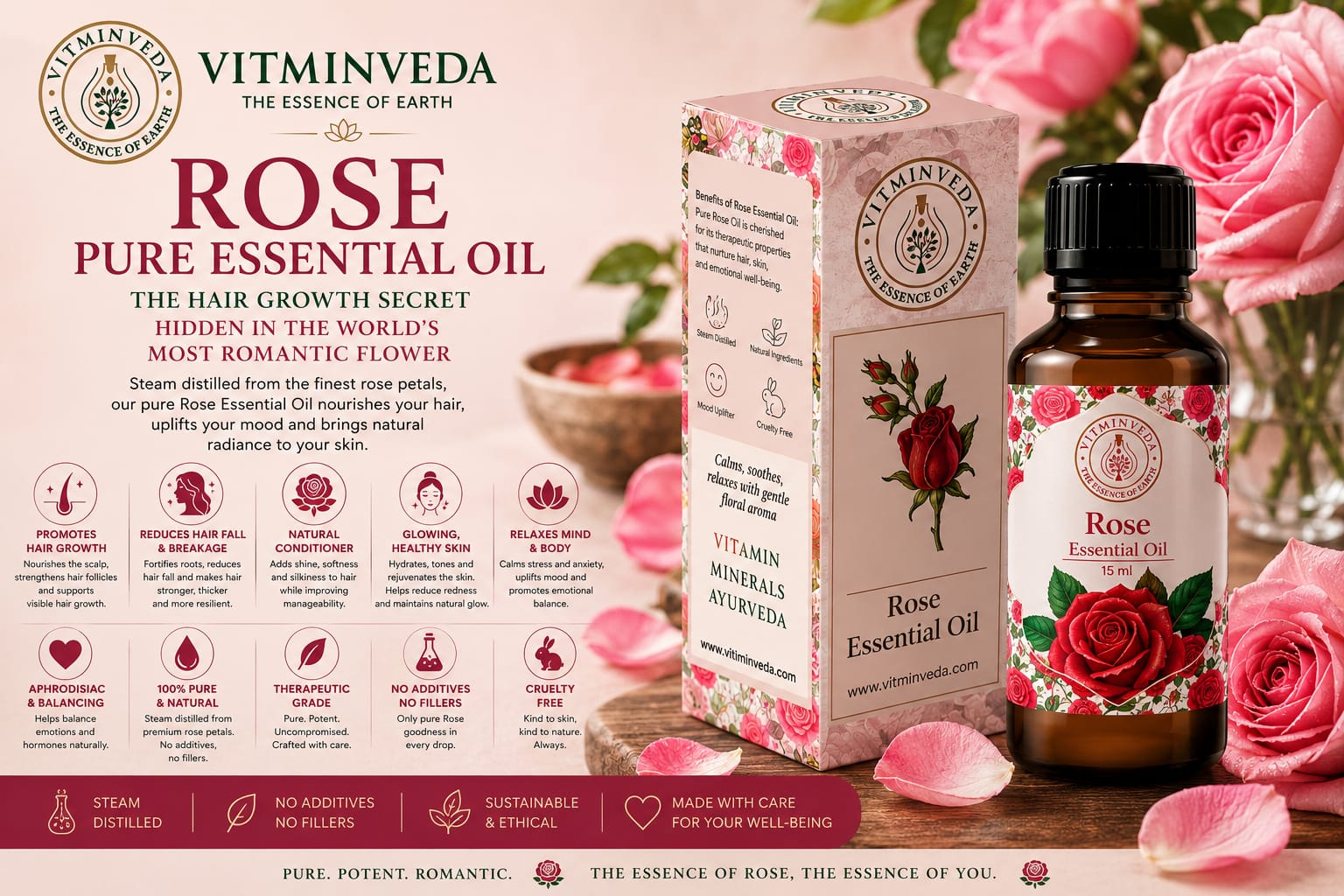 Real Rose Pure Essential Oil for Hair Growth - 15ml - Natural Ayurvedic Skincare | VITMINVEDA