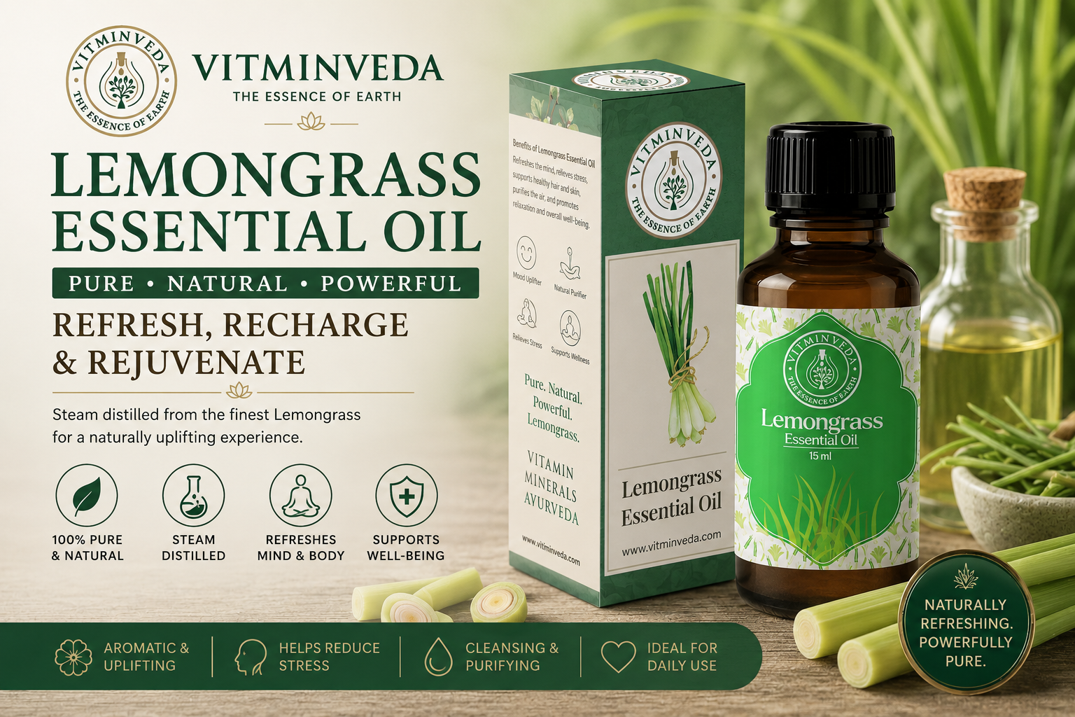 Lemongrass Essential Oil 15ml - Natural Ayurvedic Skincare | VITMINVEDA