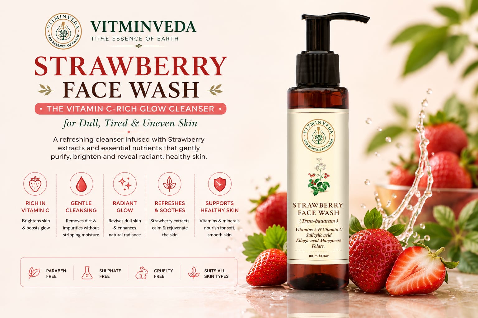 Natural Strawberry Face Wash 100ml - Natural Ayurvedic Skincare | VITMINVEDA