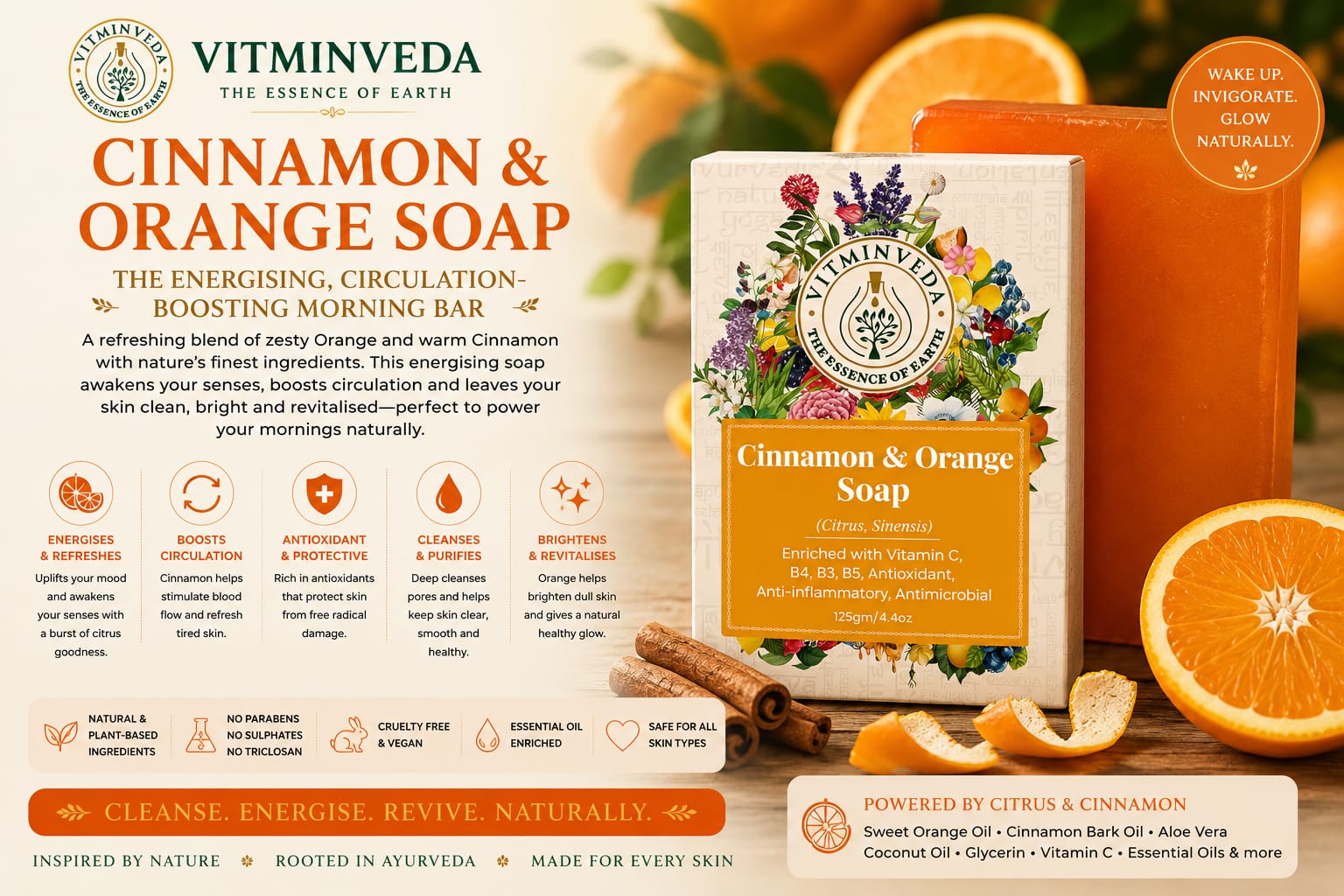 Orange and Cinnamon Soap Bar - 125gm - Natural Ayurvedic Skincare | VITMINVEDA