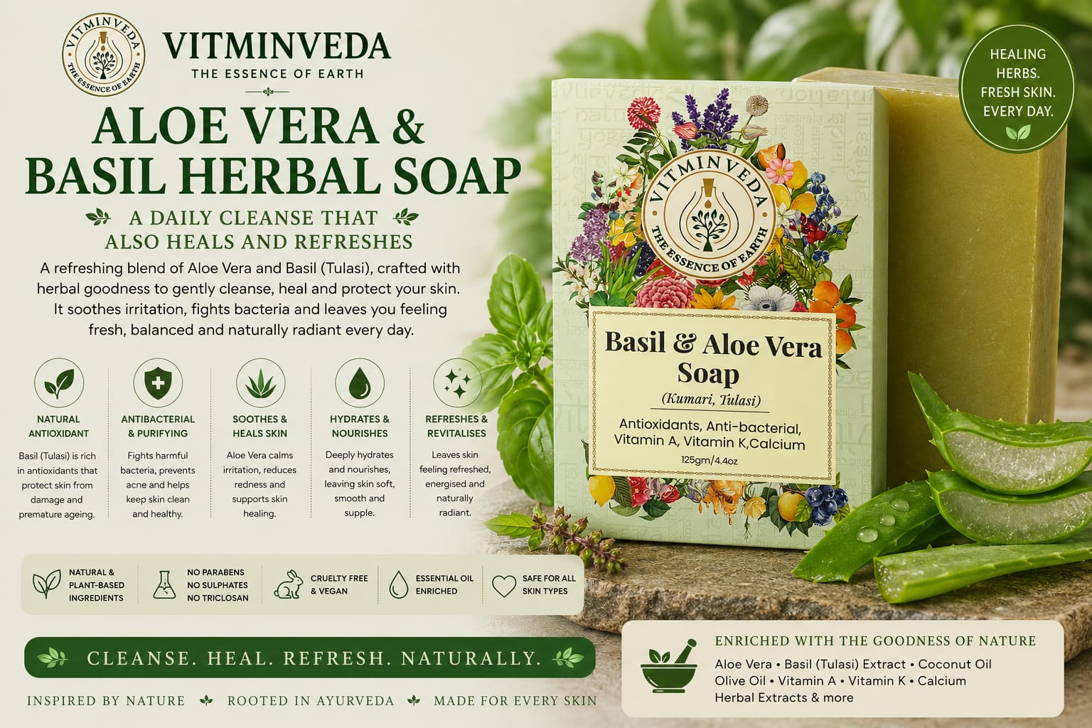 Aloe Vera Basil Herbal Soap Bar - 125gm - Natural Ayurvedic Skincare | VITMINVEDA