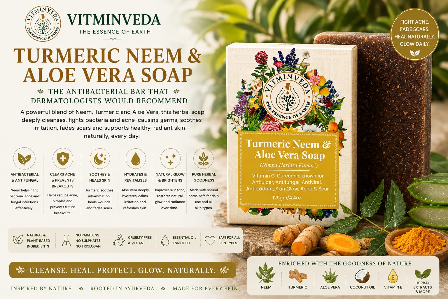 Aloe Vera Neem Turmeric Herbal Soap Bar - 125gm - Natural Ayurvedic Skincare | VITMINVEDA