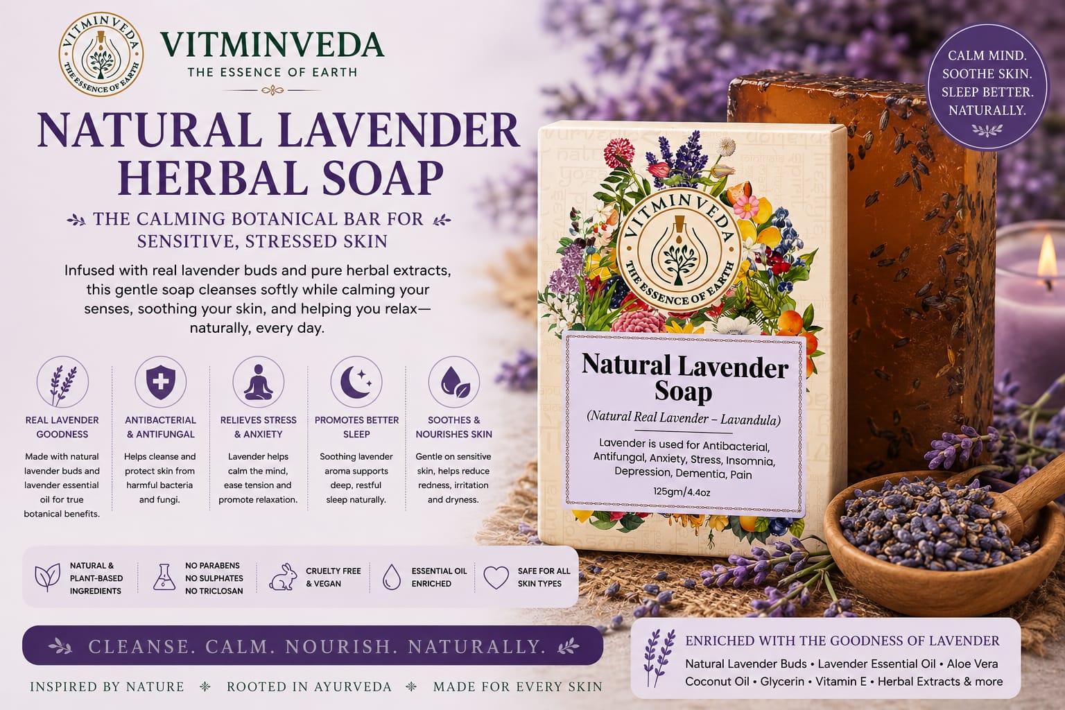 Lavender Herbal Soap Bar - 125gm - Natural Ayurvedic Skincare | VITMINVEDA