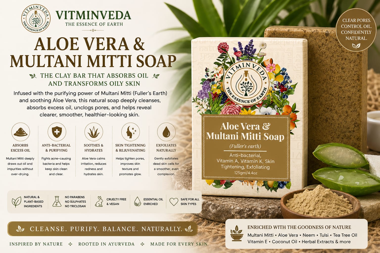 Multani Mitti Aloe Vera Soap Bar - 125gm - Natural Ayurvedic Skincare | VITMINVEDA