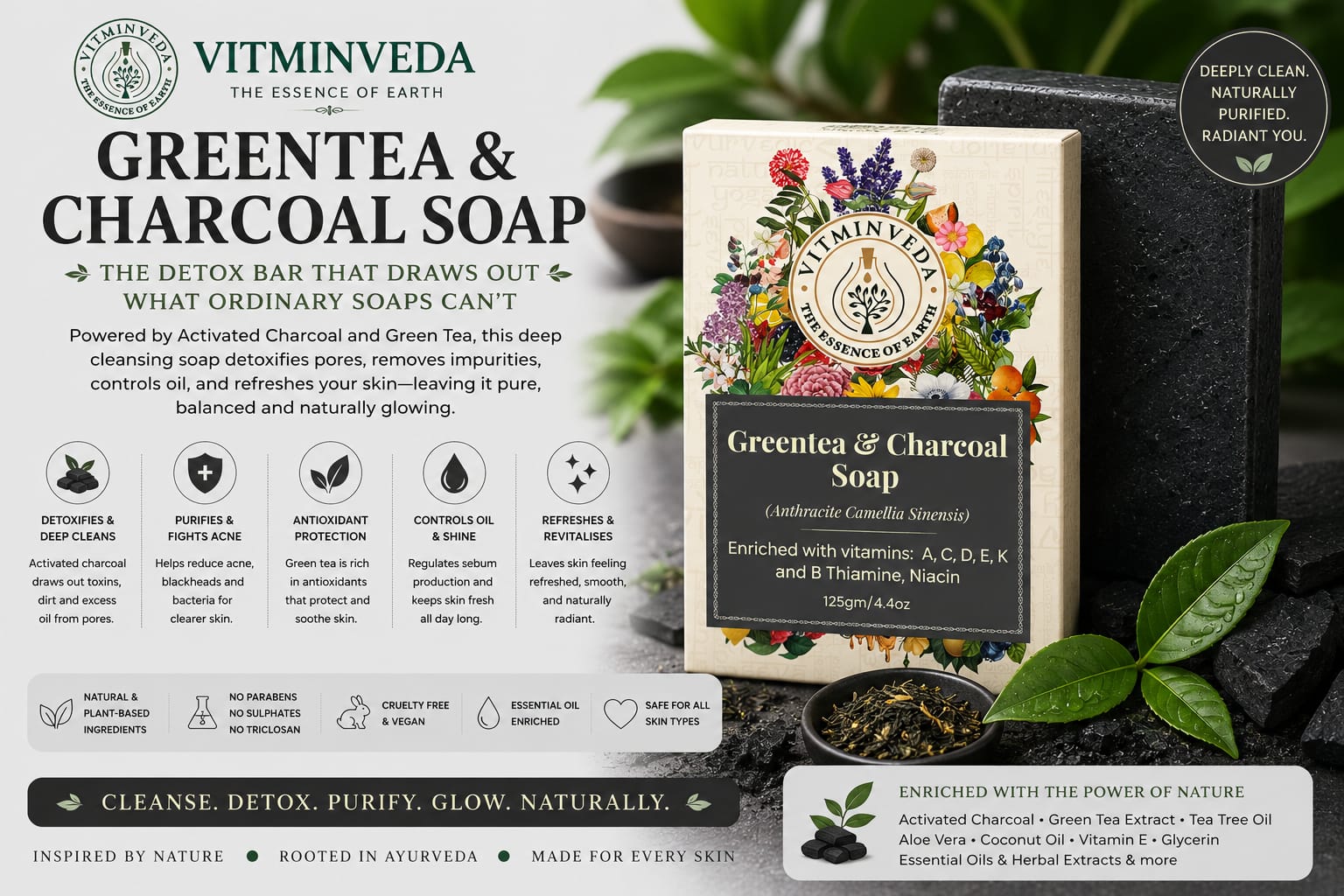 Charcoal Green Tea Herbal Soap Bar - 125gm - Natural Ayurvedic Skincare | VITMINVEDA