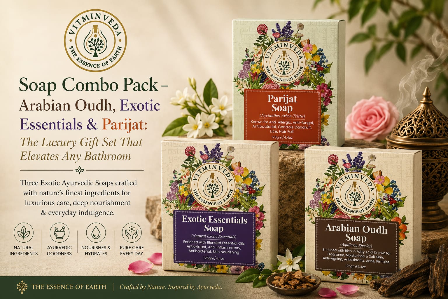Natural Soap Combo Pack of 3 | Arabian Oudh, Exotic Essential and Parijat - Natural Ayurvedic Skincare | VITMINVEDA