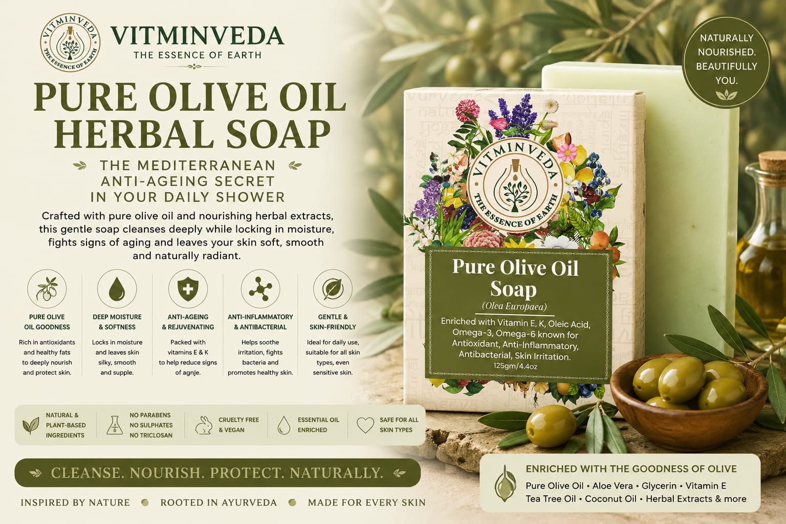 Olive Oil Herbal Soap Bar - 125gm - Natural Ayurvedic Skincare | VITMINVEDA