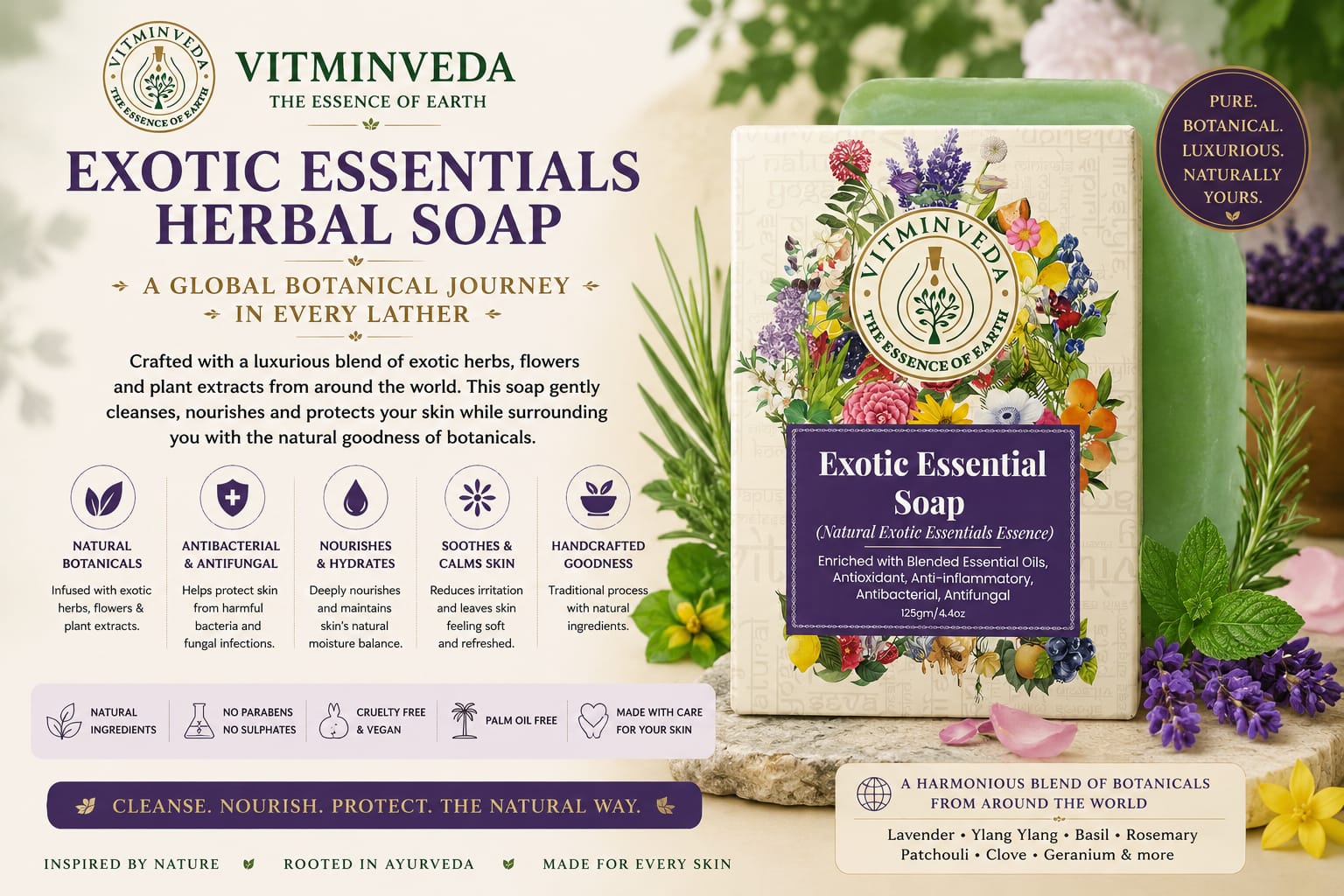 Exotic Essentials Herbs Soap Bar - 125gm - Natural Ayurvedic Skincare | VITMINVEDA