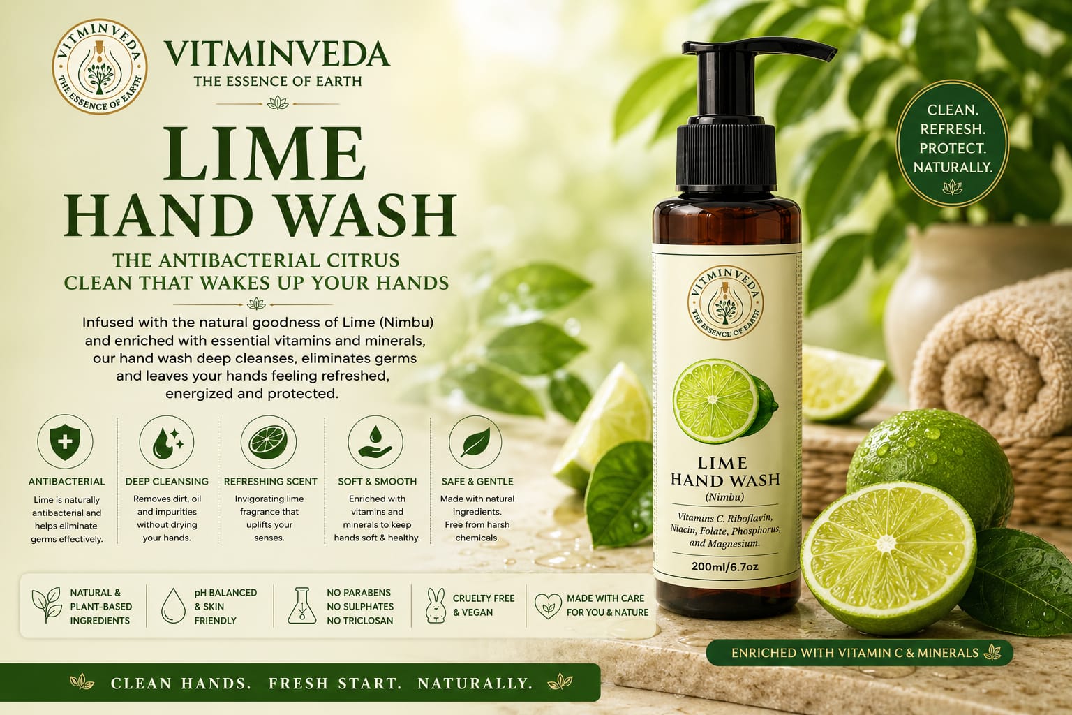 Lime Hand Wash 200ml - Natural Ayurvedic Skincare | VITMINVEDA