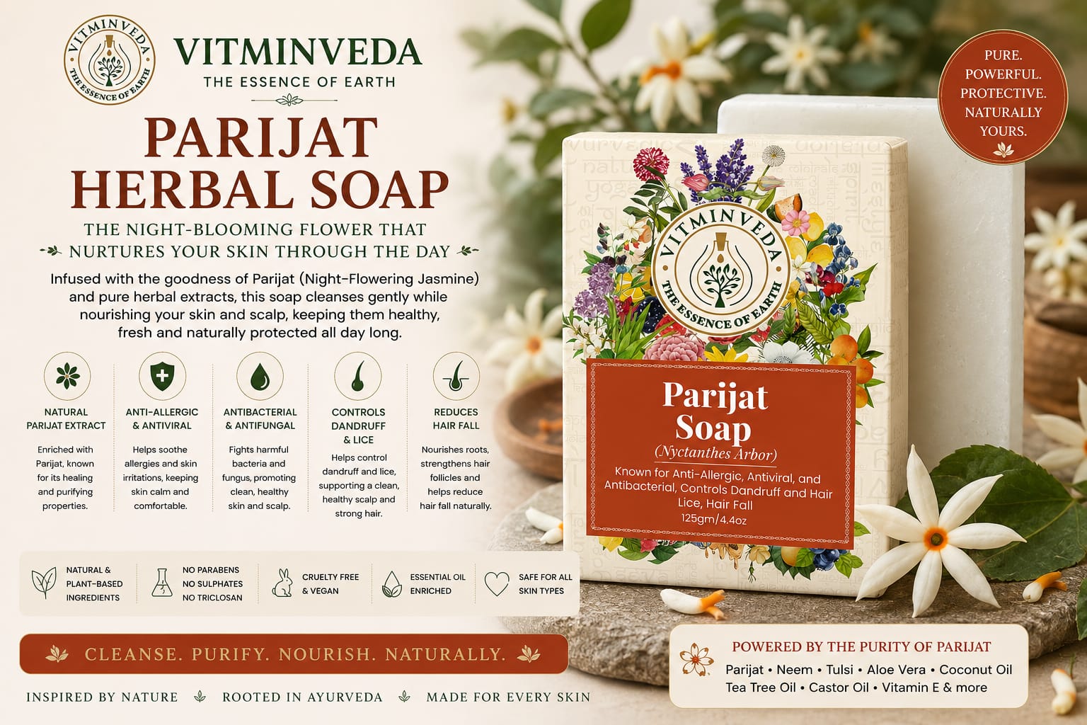Parijat Herbal Soap Bar - 125gm - Natural Ayurvedic Skincare | VITMINVEDA