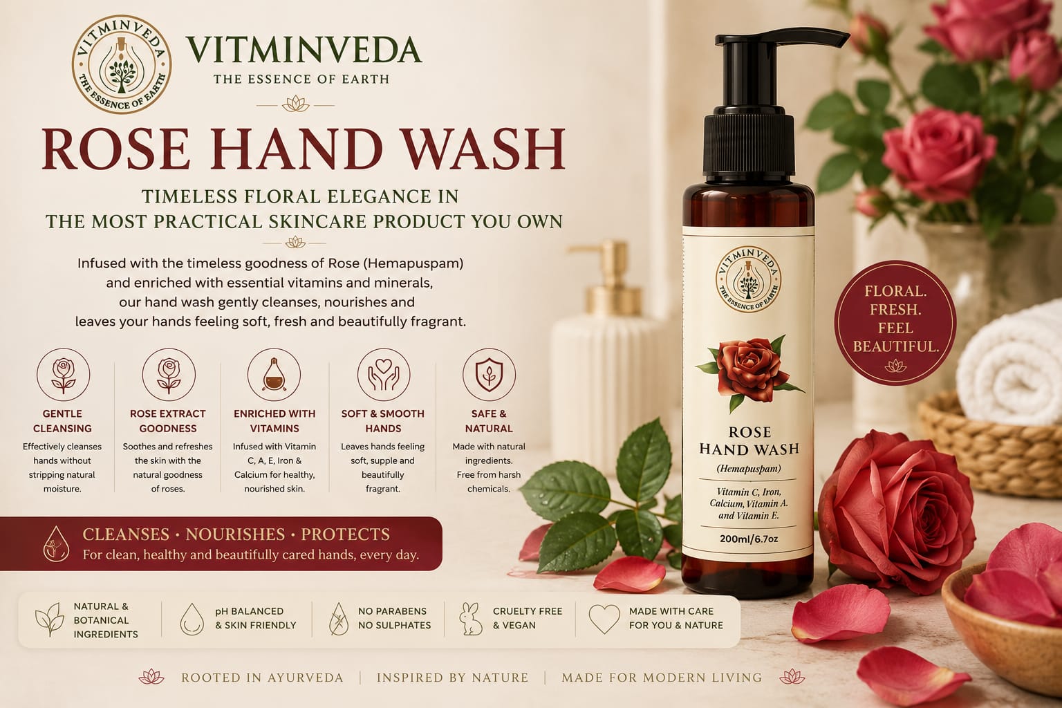 Rose Hand Wash 200ml - Natural Ayurvedic Skincare | VITMINVEDA