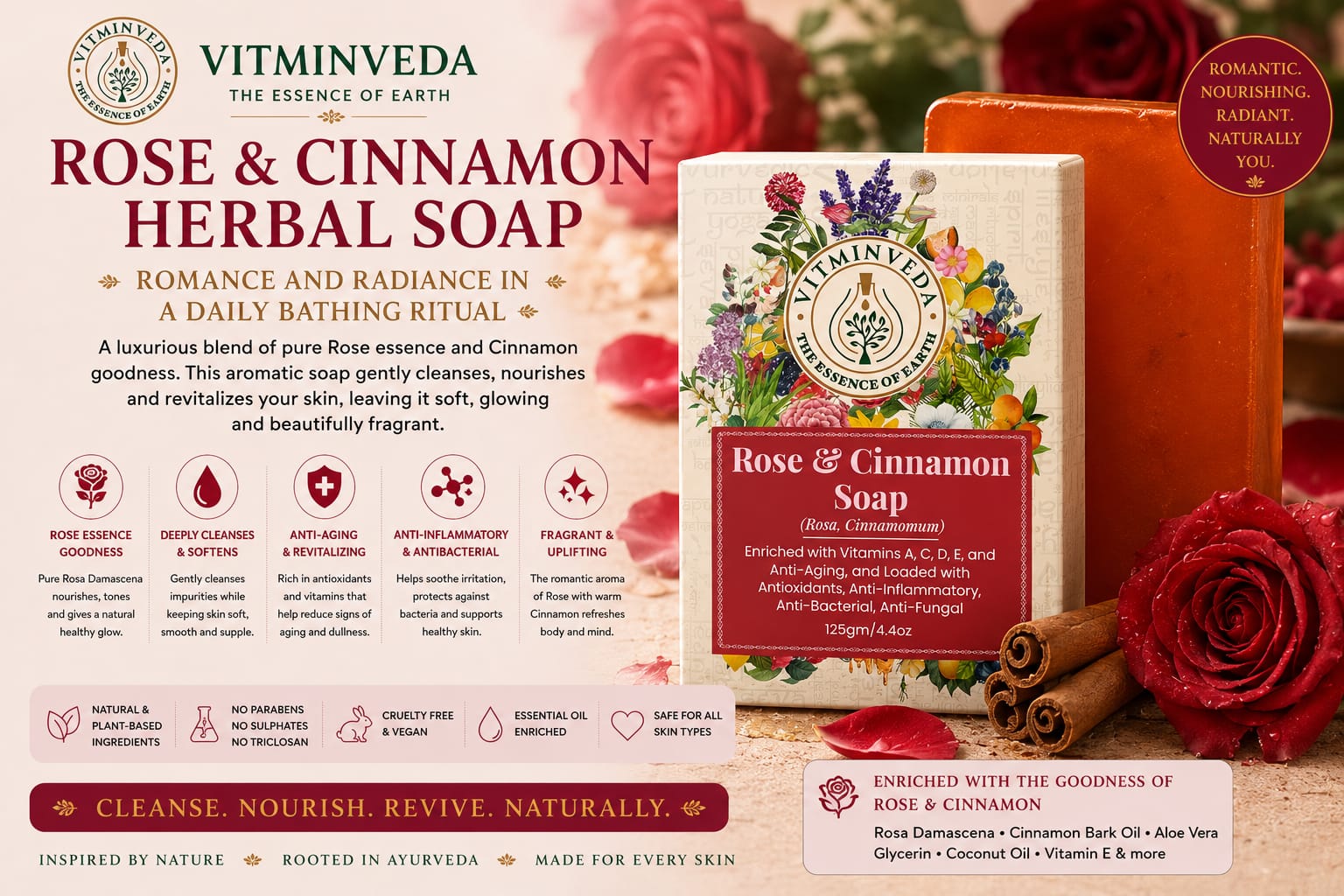 Rose Cinnamon Herbal Soap Bar - 125gm - Natural Ayurvedic Skincare | VITMINVEDA