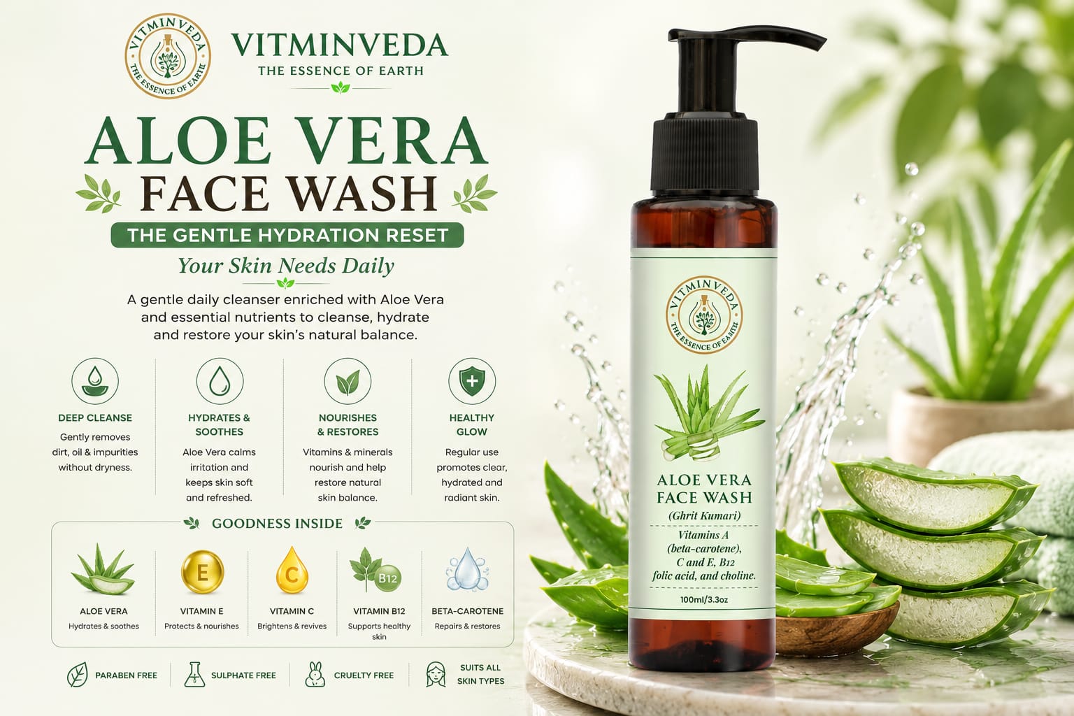 Natural Aloe Vera Face Wash 100ml - Natural Ayurvedic Skincare | VITMINVEDA