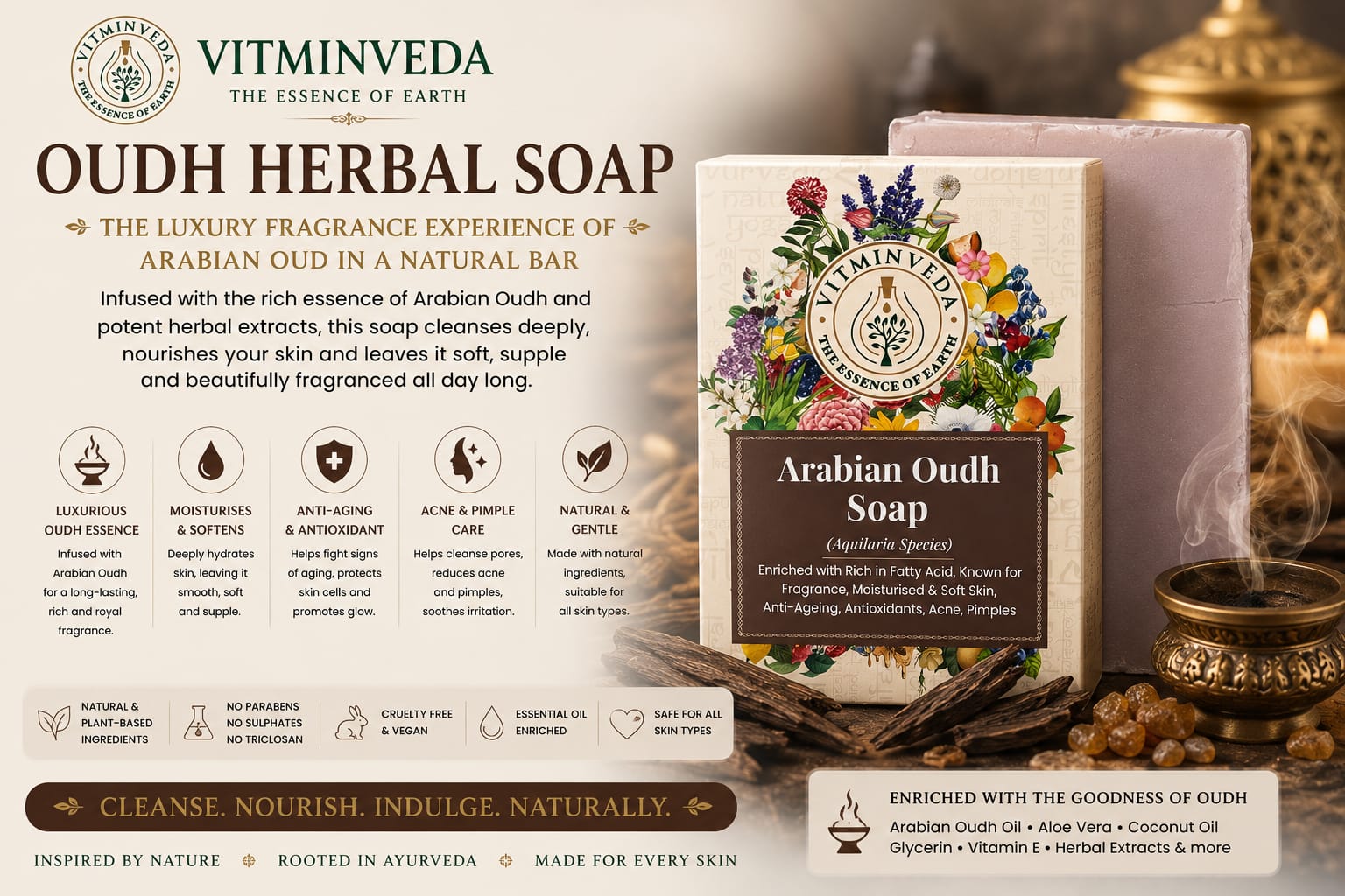Oudh Herbal Soap Bar - 125gm - Natural Ayurvedic Skincare | VITMINVEDA