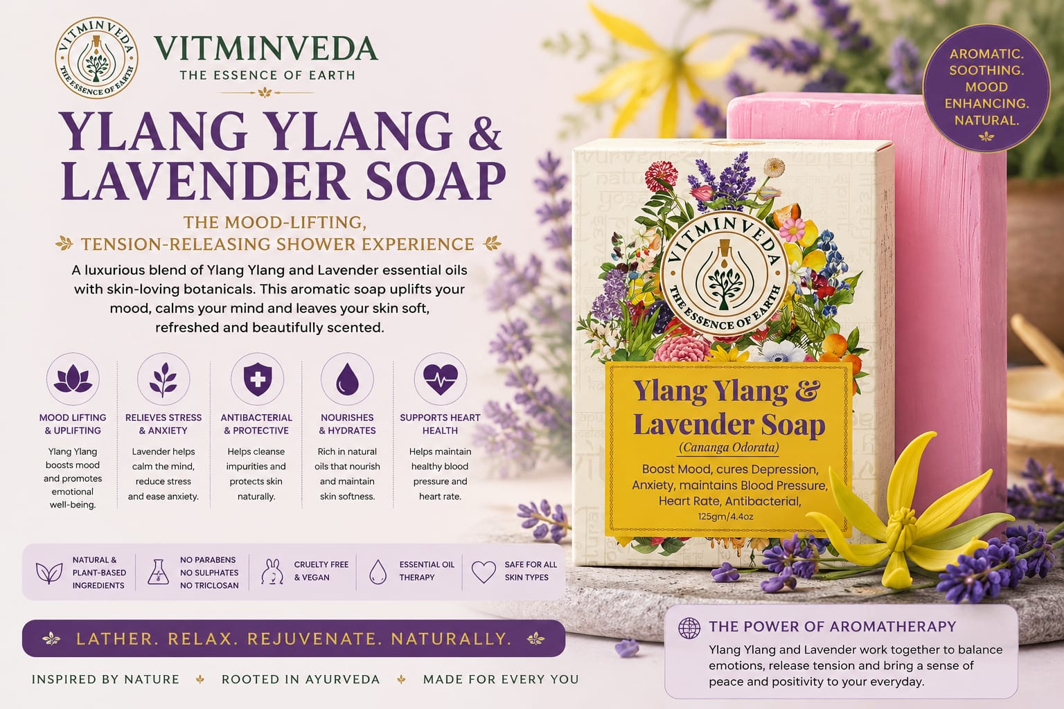 Ylang Ylang & Lavender Herbal Soap Bar - 125gm - Natural Ayurvedic Skincare | VITMINVEDA