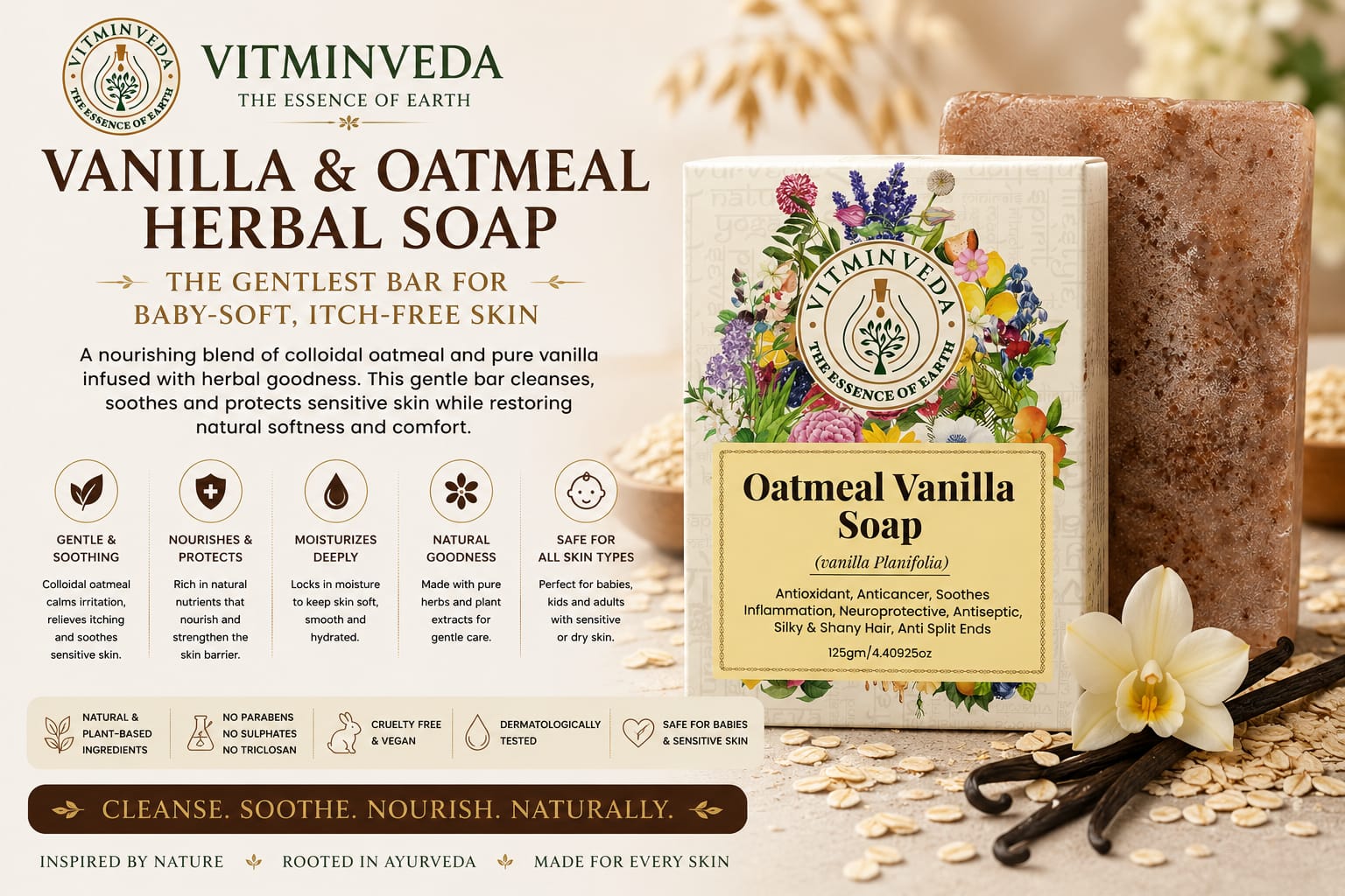 Vanilla Oatmeal Herbal Soap Bar - 125gm - Natural Ayurvedic Skincare | VITMINVEDA