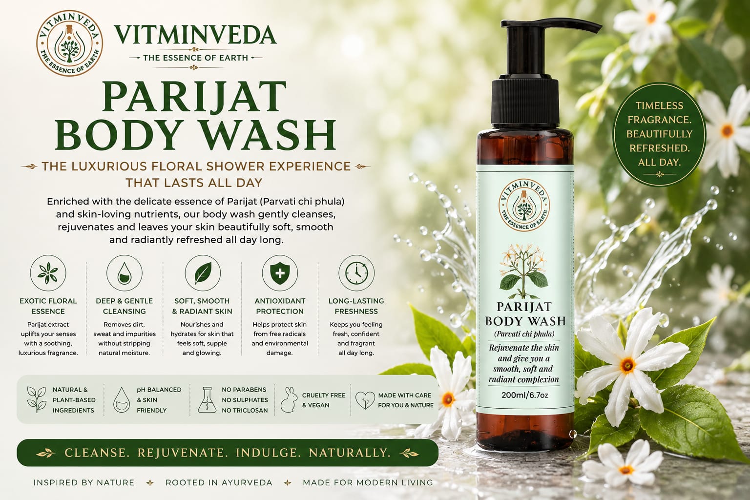 Parijat Body Wash 200ml - Natural Ayurvedic Skincare | VITMINVEDA