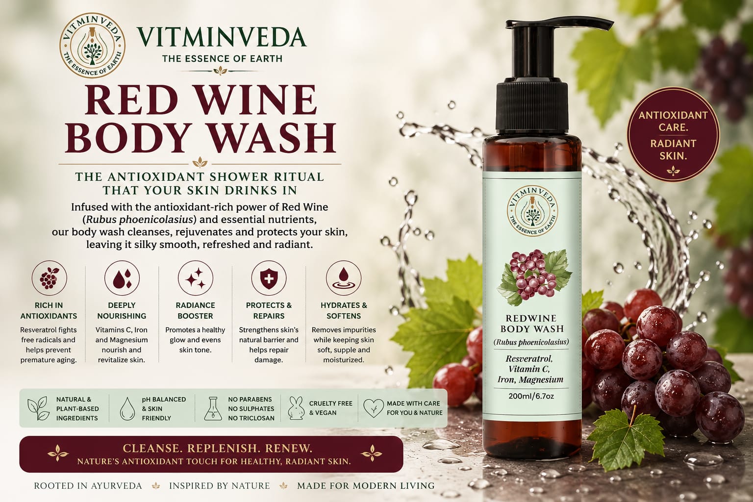 Red Wine Body Wash 200ml - Natural Ayurvedic Skincare | VITMINVEDA