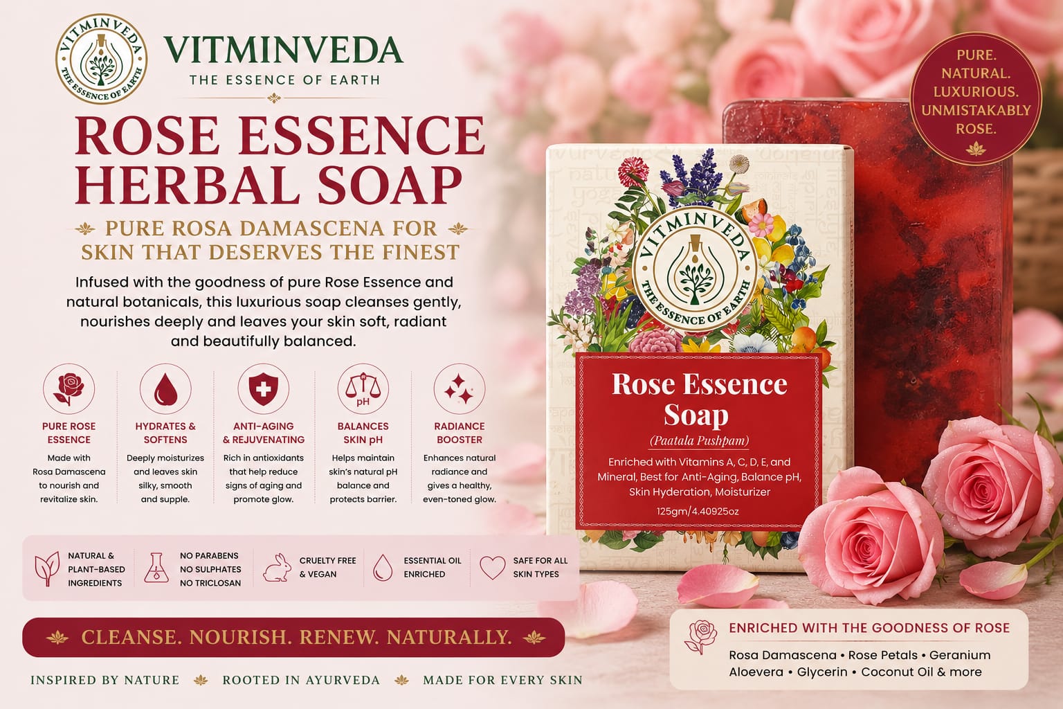 Rose Essence Herbal Soap Bar - 125gm - Natural Ayurvedic Skincare | VITMINVEDA