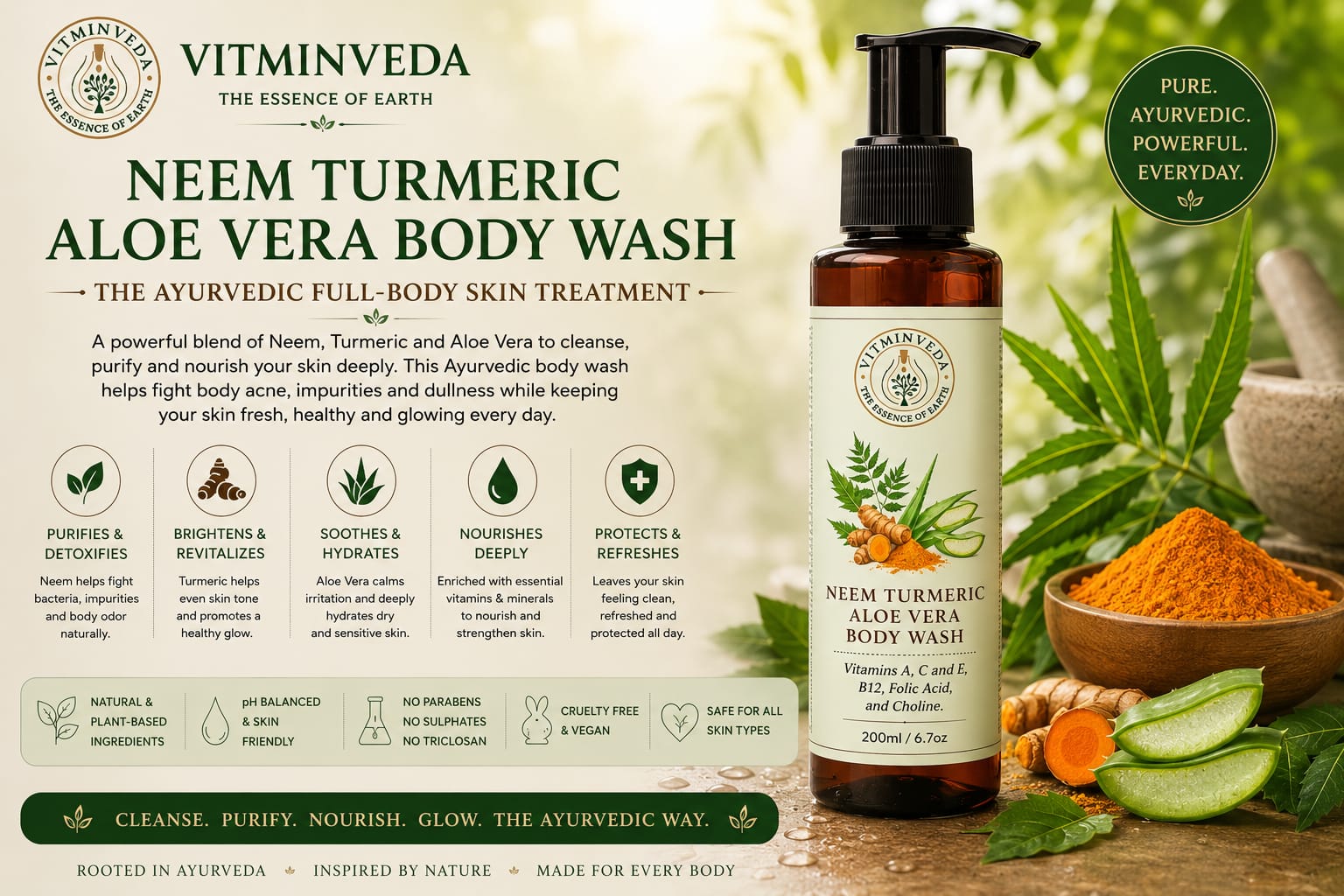 Neem Turmeric Aloe Vera Body Wash 200ml - Natural Ayurvedic Skincare | VITMINVEDA