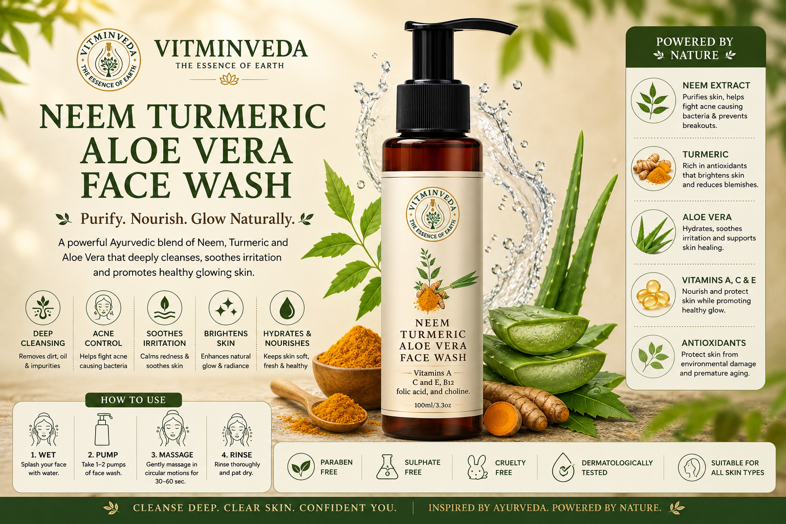 Natural Neem Turmeric Aloe Vera Face Wash 100ml - Natural Ayurvedic Skincare | VITMINVEDA