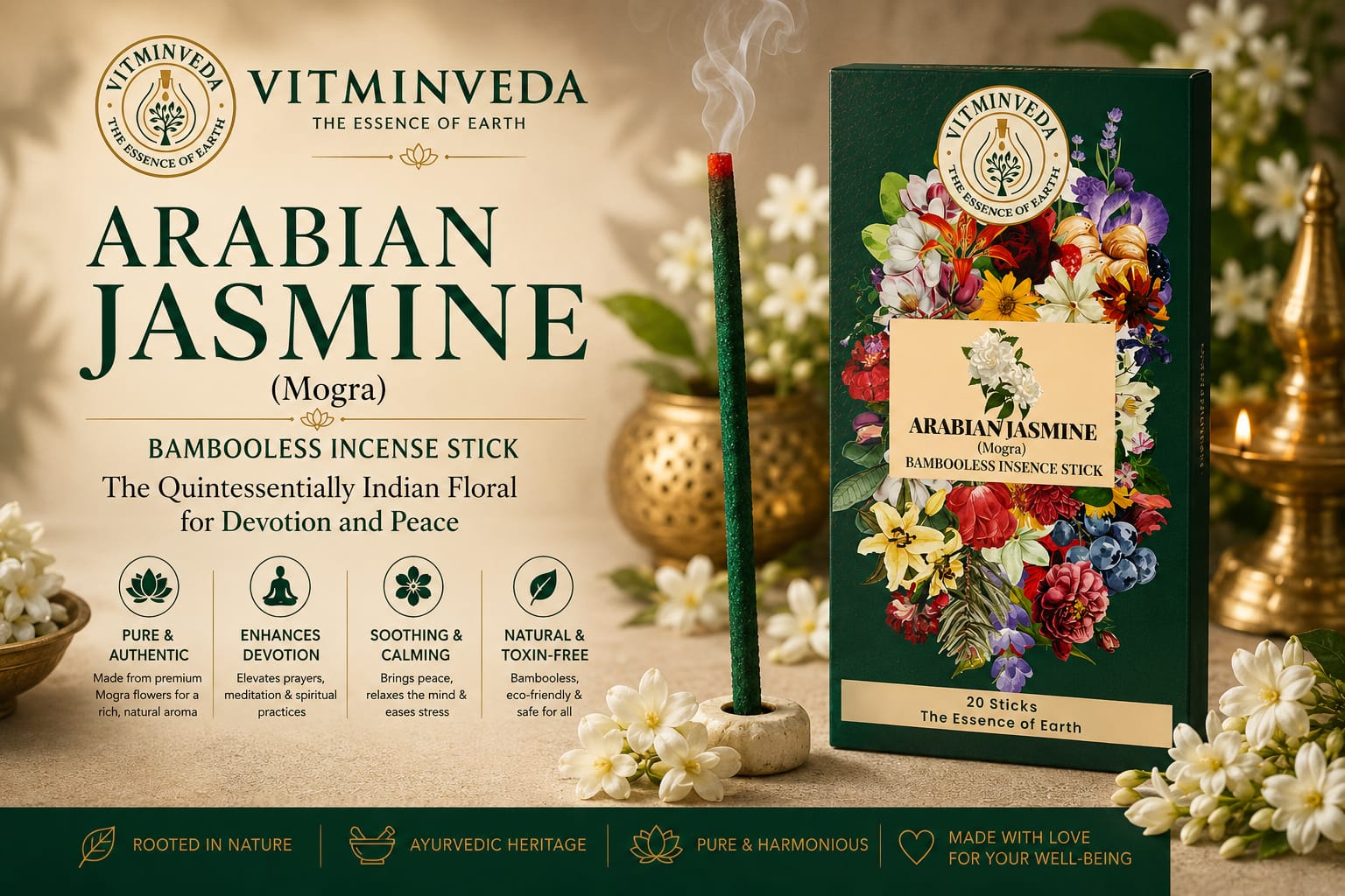 Mogra Bambooless Incense Stick - Natural Ayurvedic Skincare | VITMINVEDA