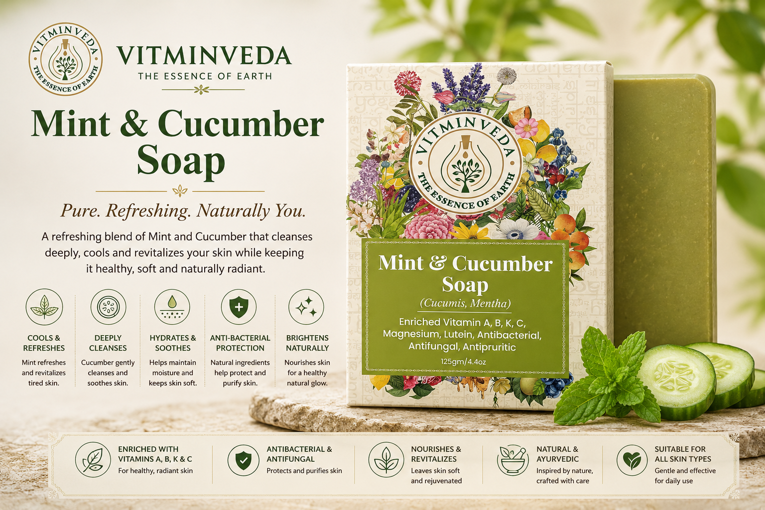 Cucumber and Menthol Herbal Soap Bar - 125gm - Natural Ayurvedic Skincare | VITMINVEDA