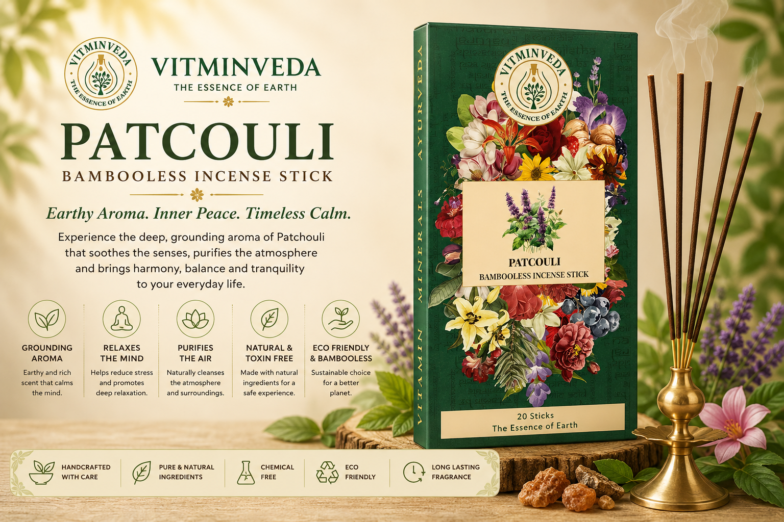 Patchouli Bambooless Incense Stick - Natural Ayurvedic Skincare | VITMINVEDA