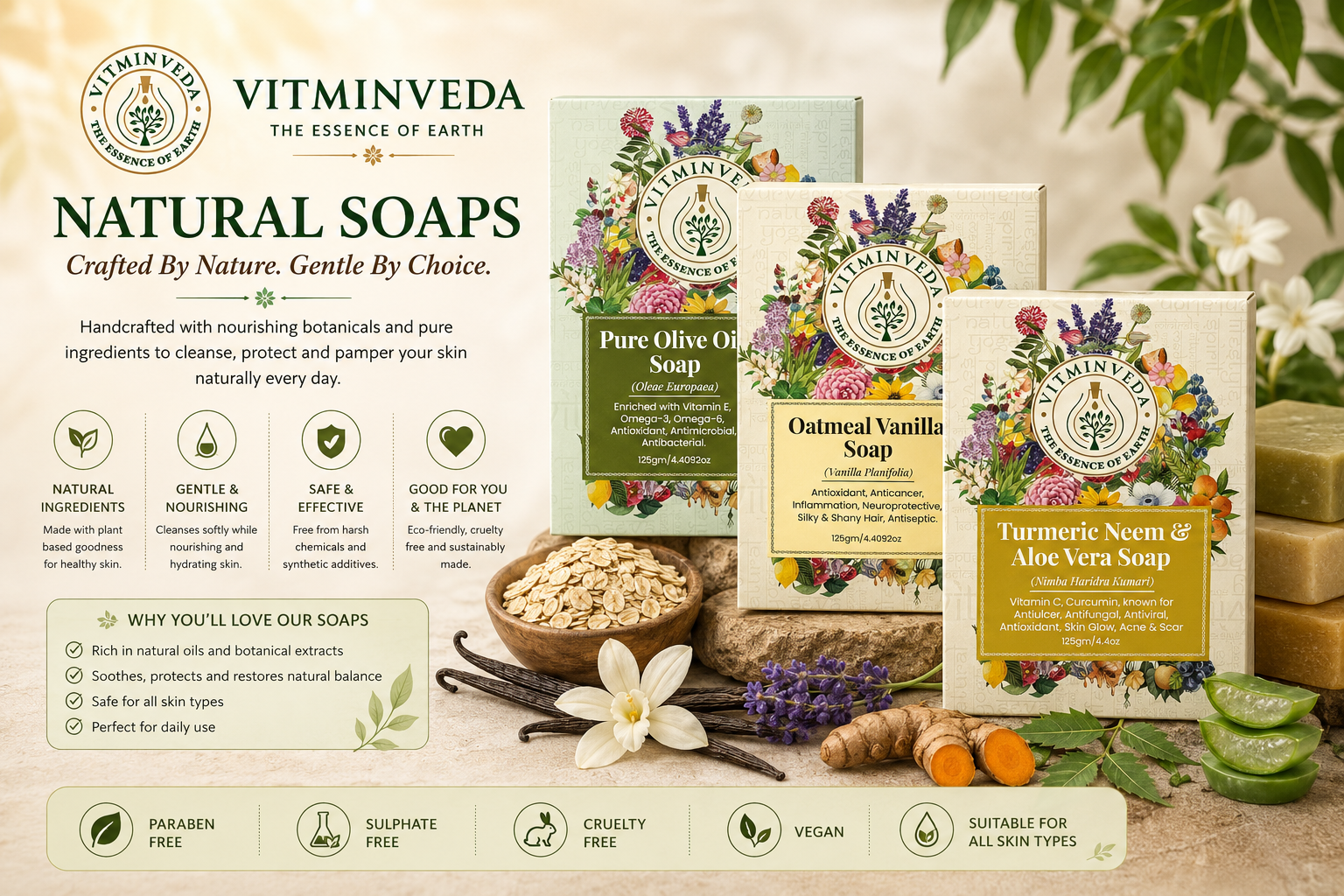 Natural Soap Combo Pack of 3 | Olive, Oudh, Neem Turmeric - Natural Ayurvedic Skincare | VITMINVEDA