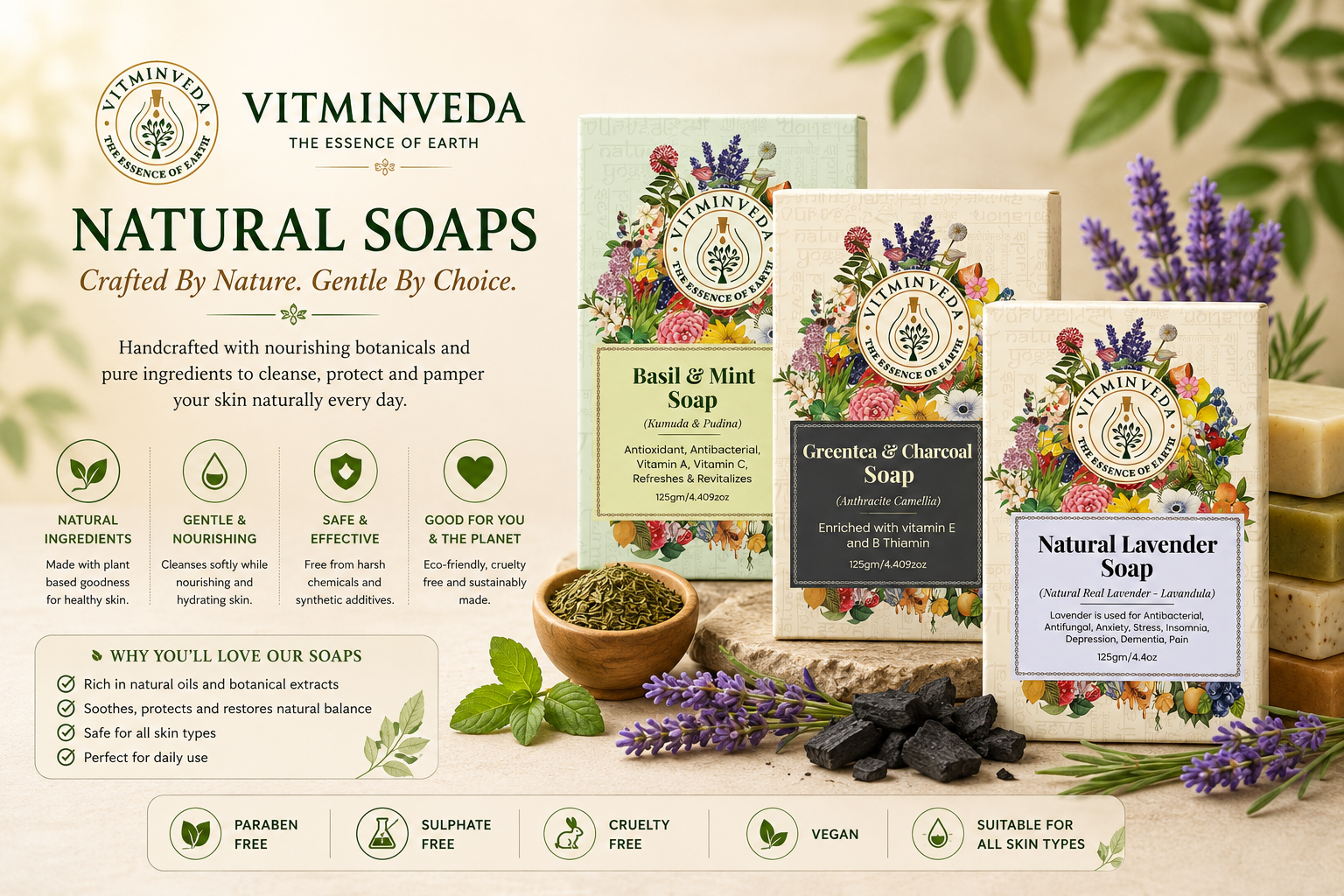 Natural Soap Pack of 3 | Aloe Vera, Charcoal Green Tea, Lavender - Natural Ayurvedic Skincare | VITMINVEDA