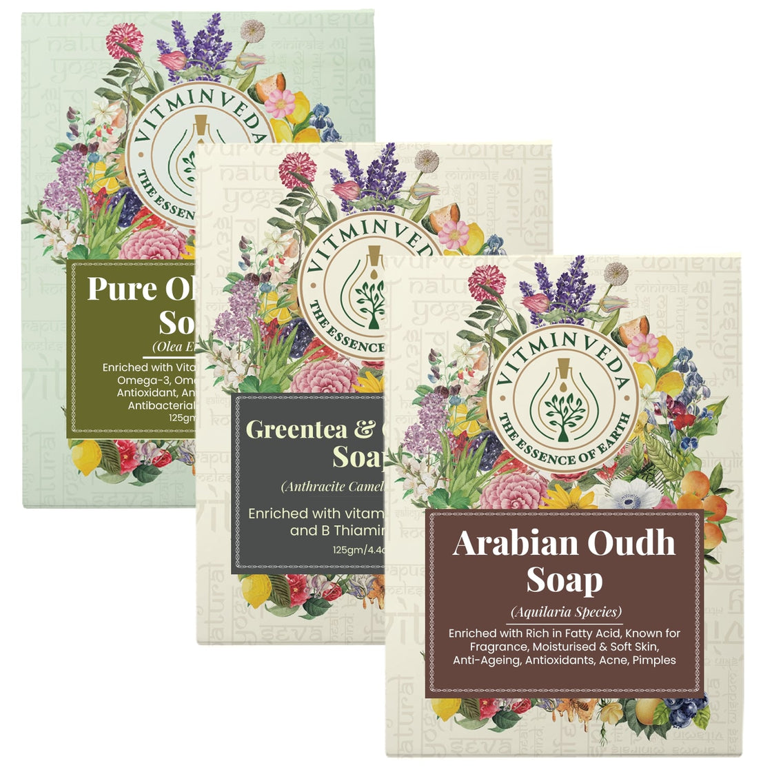 Natural Soap Pack of 3 | Olive Oil, Oudh, Charcoal Green Tea