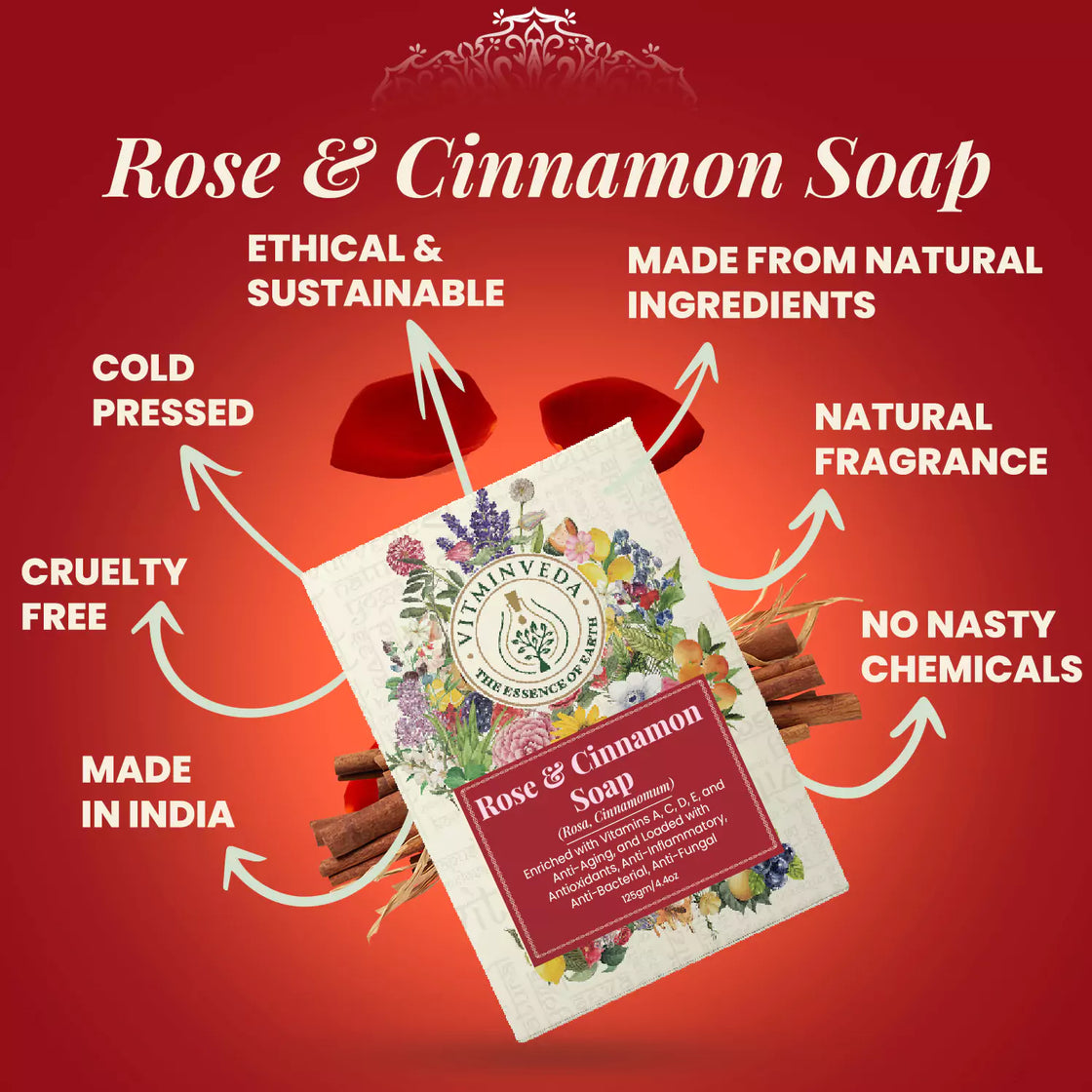 Rose Cinnamon Herbal Soap Bar - 125gm