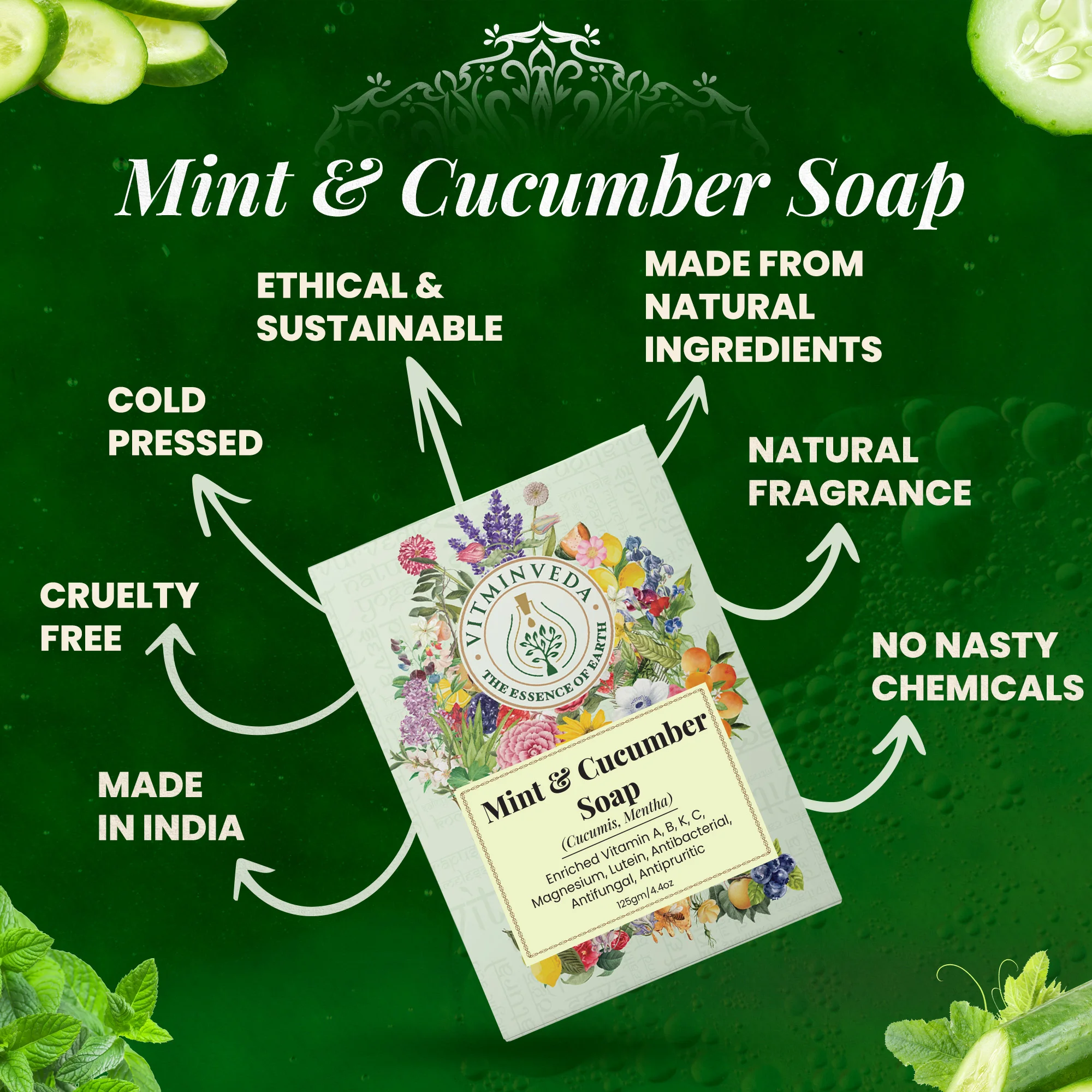 Cucumber and Menthol Herbal Soap Bar - 125gm - Image 4