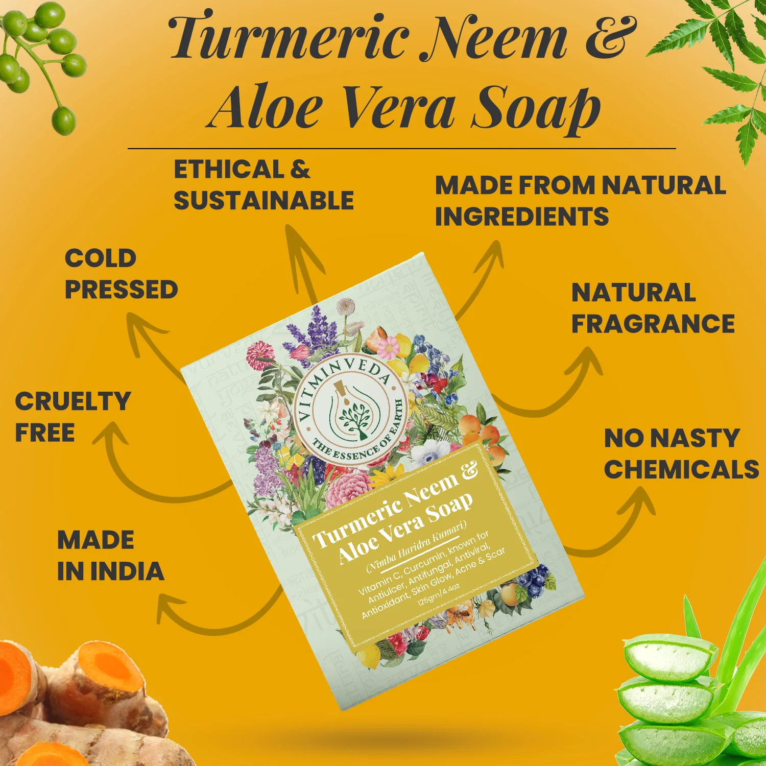 Aloe Vera Neem Turmeric Herbal Soap Bar - 125gm - Image 4