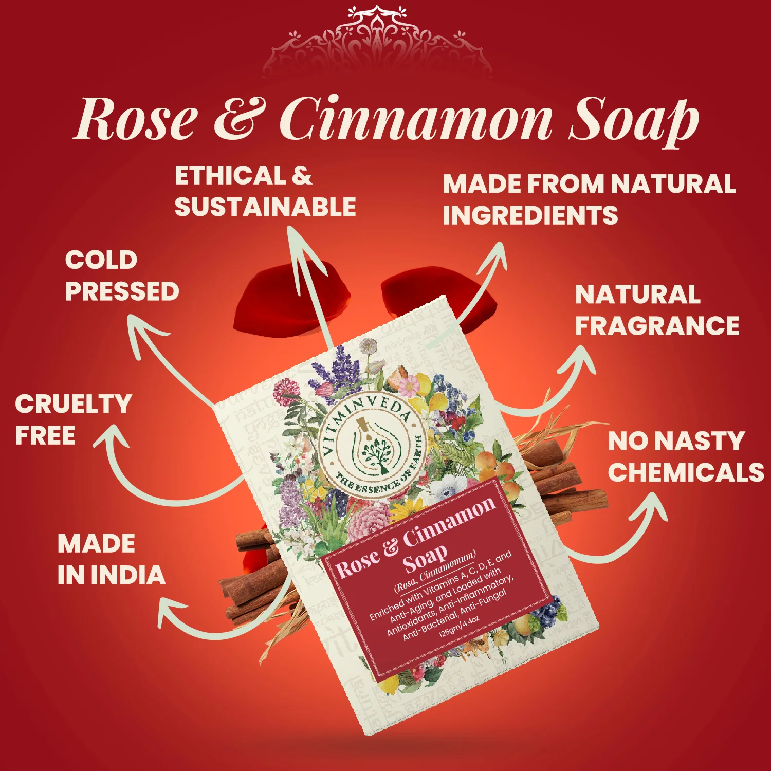 Rose Cinnamon Herbal Soap Bar - 125gm - Image 4