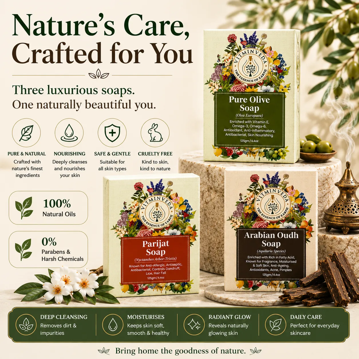 Natural Soap Combo Pack of 3 | Olive Oil, Arabian Oudh and Parijat